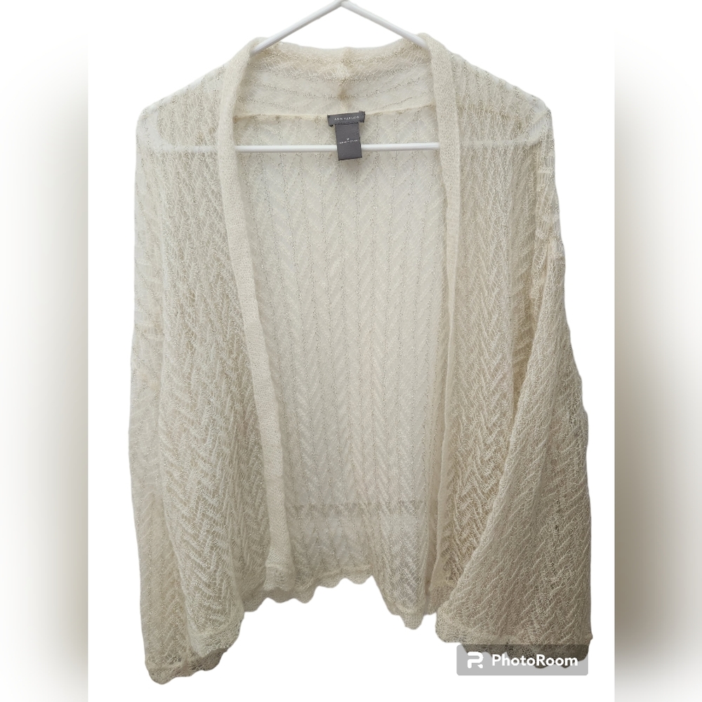 ANN TAYLOR Off White/Gold Deco Long Sleeves Soft Cardigan Size M